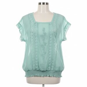 Jennie & Martlis Blouse Small Mint Green Smocked Hem Sheer Crochet Boho Y2K